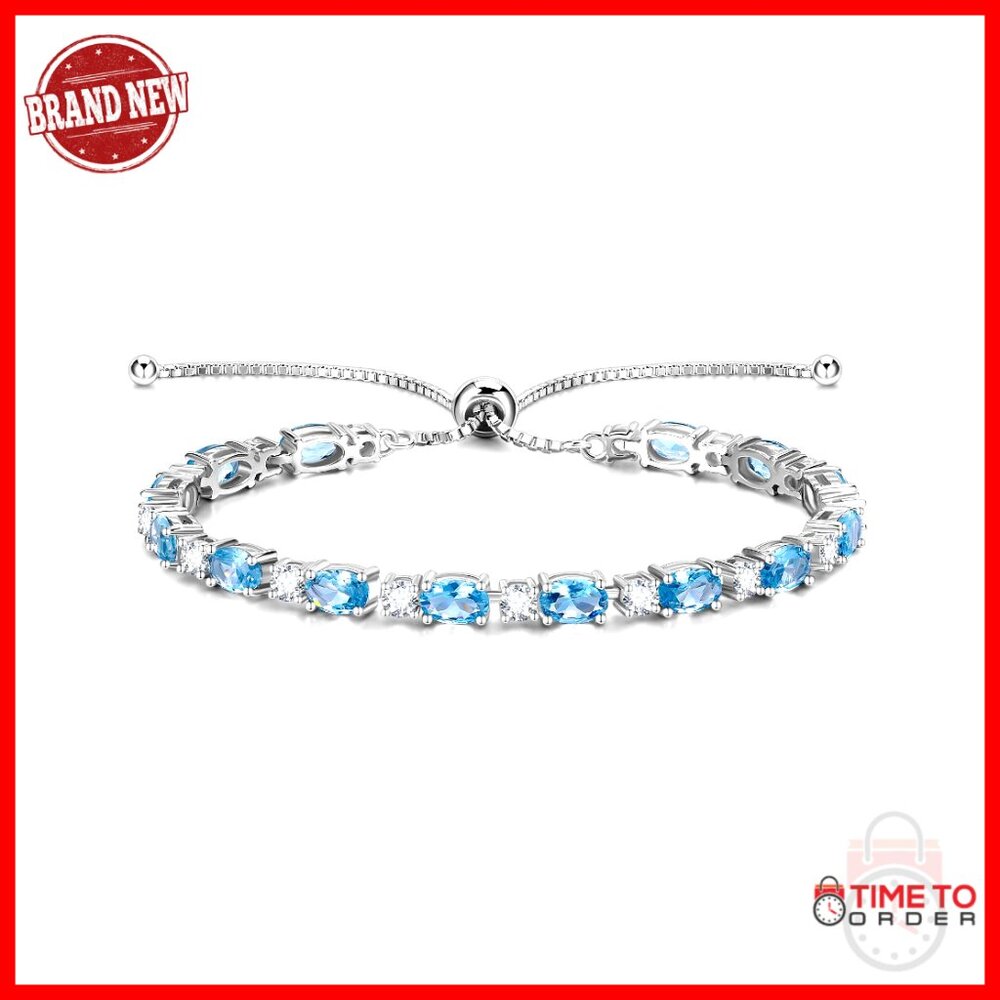 Sterling Silver Tennis Bracelet With March Birthstone, Adjustable Bolo
